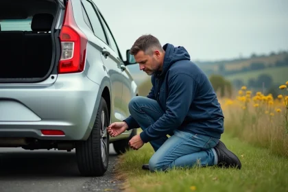 Homme changeant un pneu de voiture en campagne