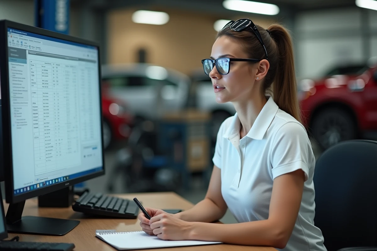 Responsable d'atelier automobile analysant des données de réparation sur un logiciel professionnel de type Haynes Pro Workshop Data