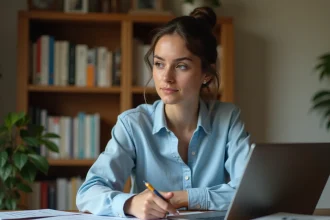 Jeune femme révisant les questions du permis de conduire B sur ordinateur avec des fiches imprimées sur un bureau en bois