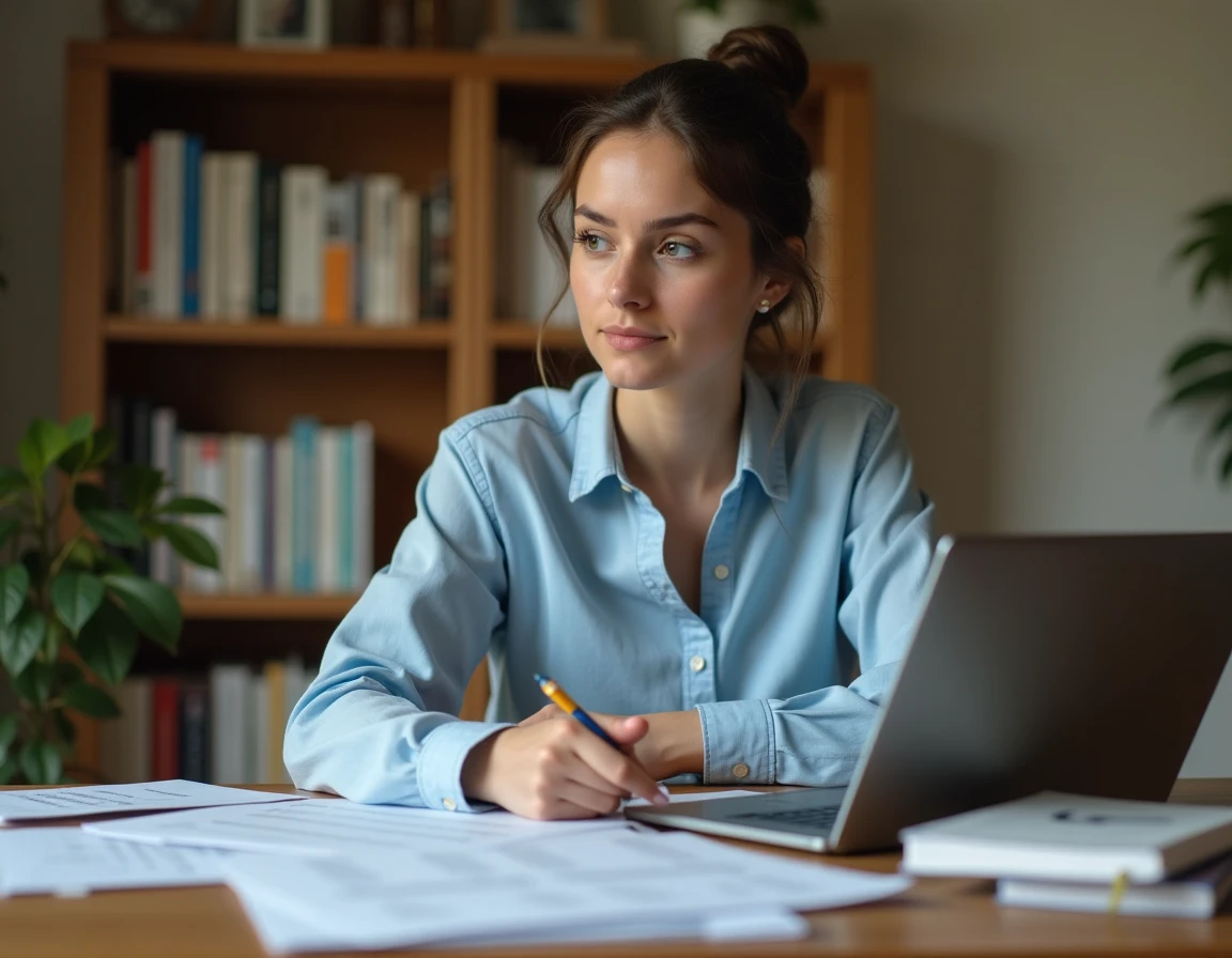 Jeune femme révisant les questions du permis de conduire B sur ordinateur avec des fiches imprimées sur un bureau en bois