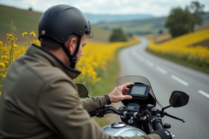 Homme à moto vérifiant son GPS en nature
