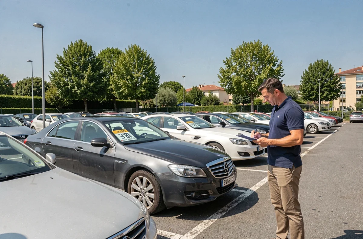 Parking de véhicules d'occasion soigneusement sélectionnés chez Rouzaud Autos à Toulouse avec un technicien réalisant une inspection
