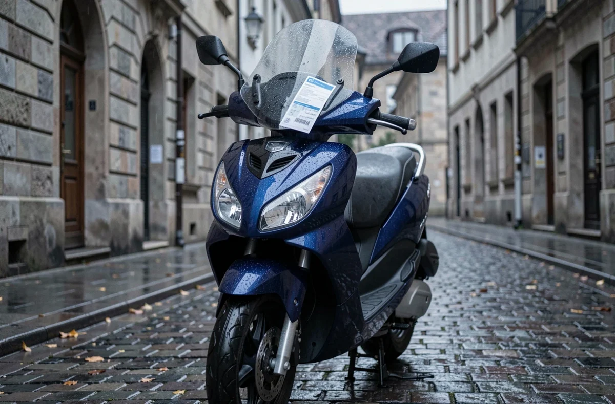 Scooter 500 cm3 garé sur pavés mouillés avec document d'assurance sous l'essuie-glace