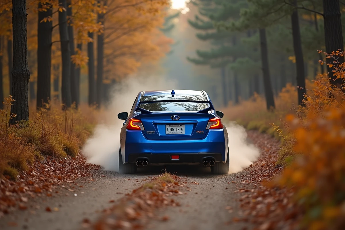 Subaru WRX en action sur un chemin de gravier en forêt avec transmission intégrale symétrique