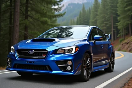 Subaru WRX STI en bleu World Rally Blue sur une route de montagne sinueuse entourée de forêt de pins