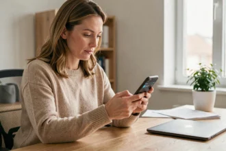 Femme consultant son contrat d'assurance voiture sur smartphone depuis son bureau à domicile