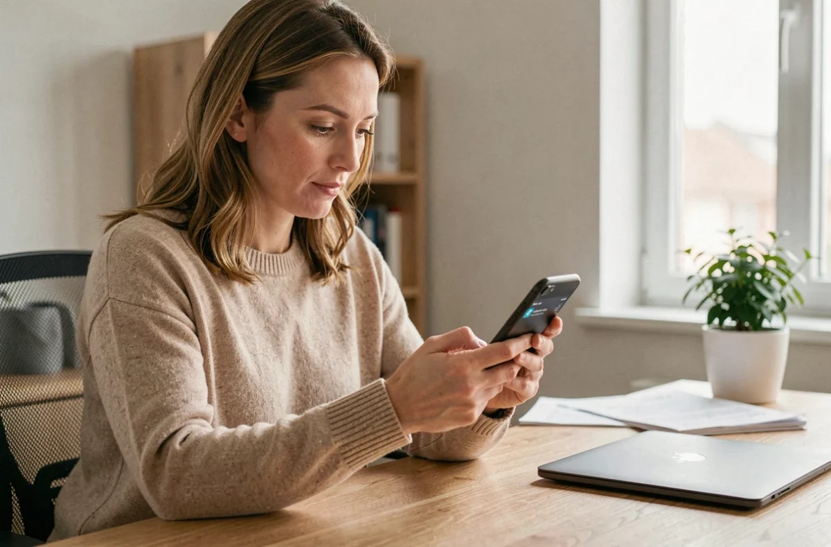 Femme consultant son contrat d'assurance voiture sur smartphone depuis son bureau à domicile