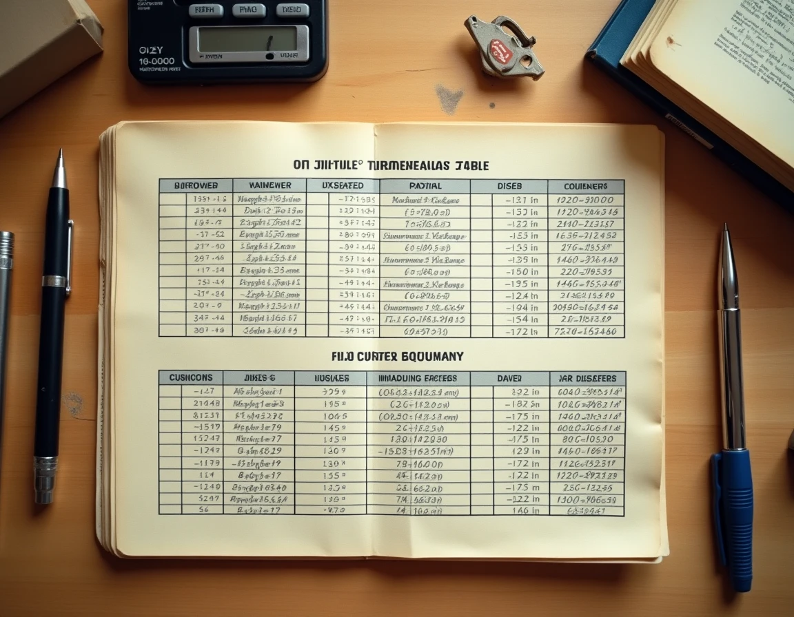 Tableau de conversion cylindrée en chevaux pour moteurs essence et diesel posé sur un bureau avec calculatrice et manuel technique
