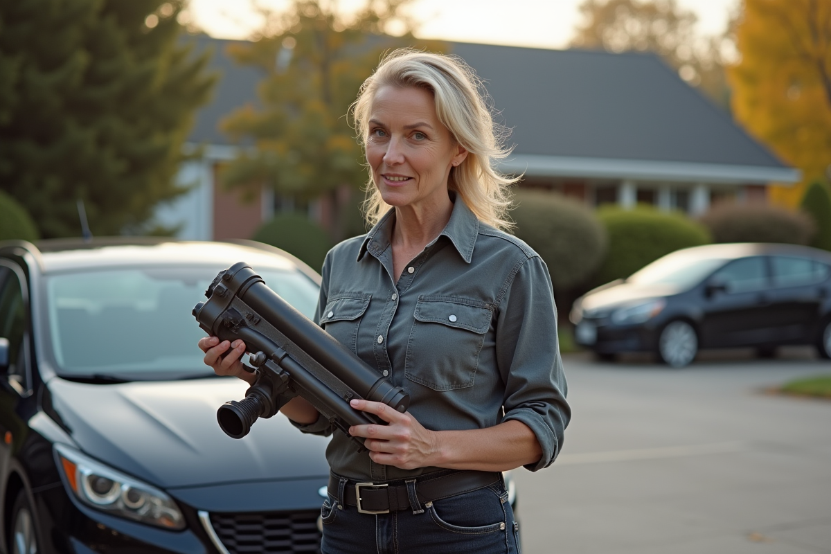 Technicienne automobile examinant un échappement dans une cour résidentielle