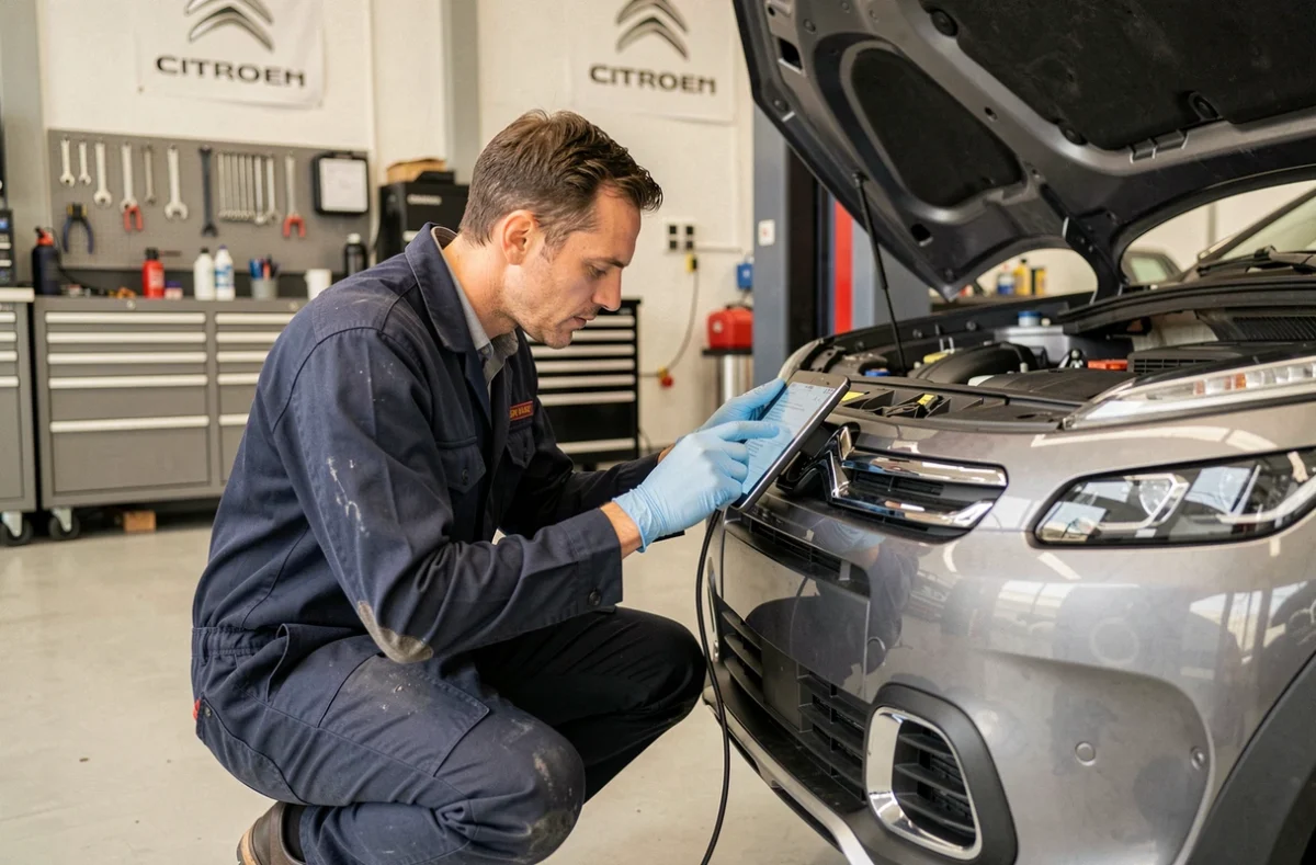 Technicien automobile diagnostiquant un moteur BlueHDi 130 sur une Citroën C5 Aircross dans un atelier de concession