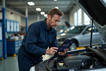 Technicien automobile consultant un logiciel de diagnostic professionnel Haynes Pro sur tablette dans un atelier moderne