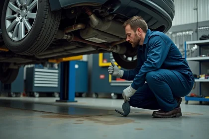 Technicien automobile inspectant le filtre à particules sous un véhicule surélevé dans un atelier professionnel