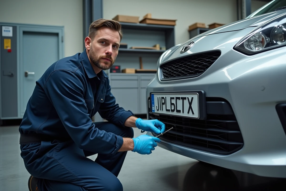 Technicien automobile installant une plaque d'immatriculation conforme aux normes européennes en atelier