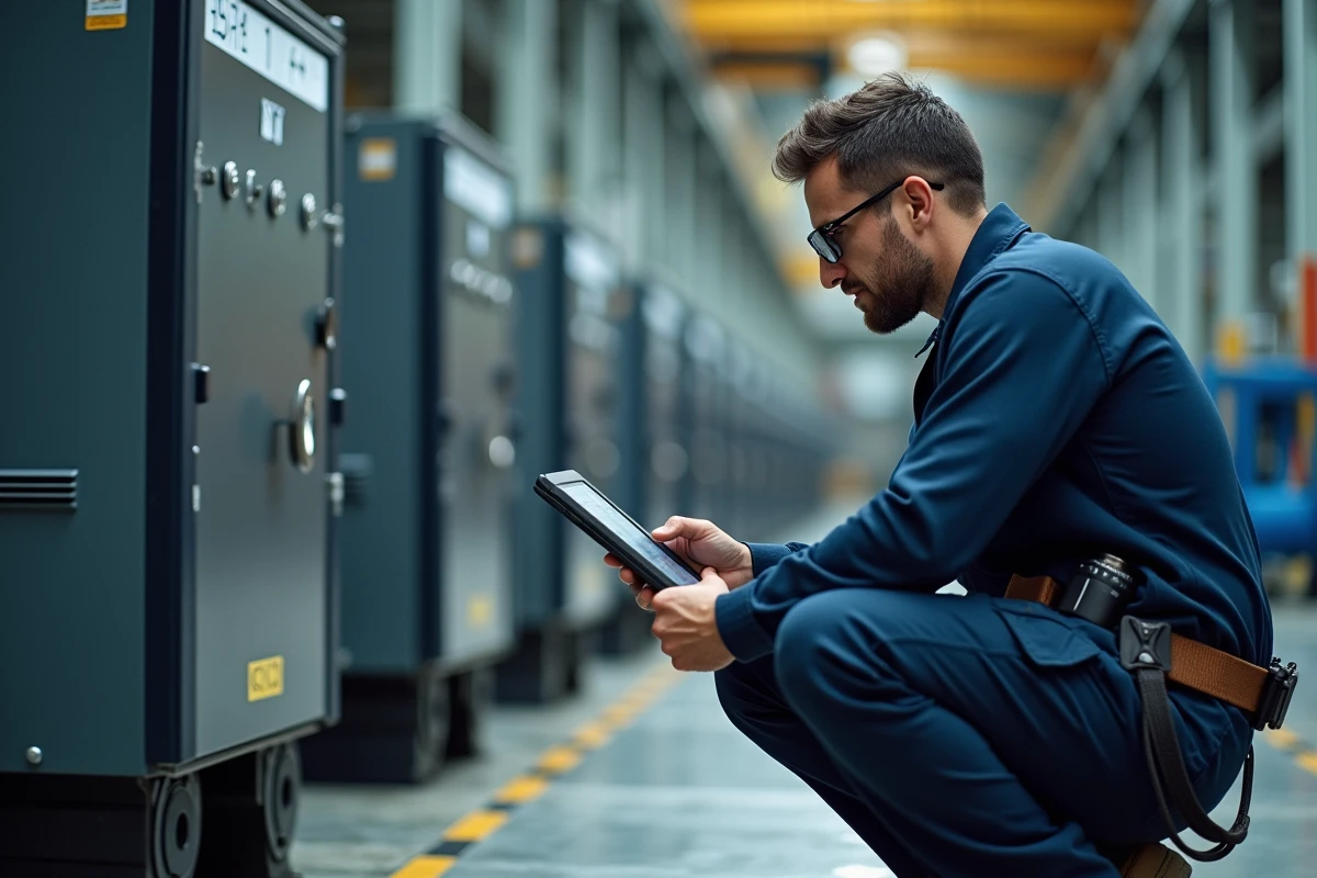 Technicien industriel analysant les données d'un variateur de vitesse PT Drive sur tablette dans une usine de production