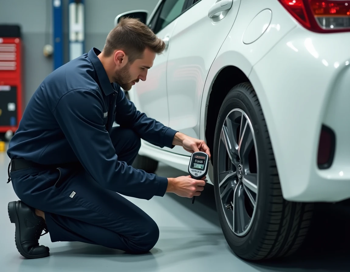 Technicien automobile vérifiant la pression des pneus d'une Toyota Yaris Hybride blanche avec un manomètre numérique dans un garage professionnel