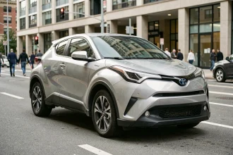 Toyota C-HR garé en ville montrant ses dimensions extérieures compactes et son design angulaire distinctif