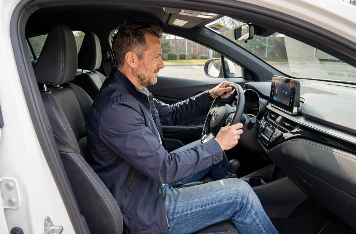 Intérieur du Toyota C-HR avec un conducteur installé au volant illustrant l'espace habitabilité et l'ergonomie du poste de conduite