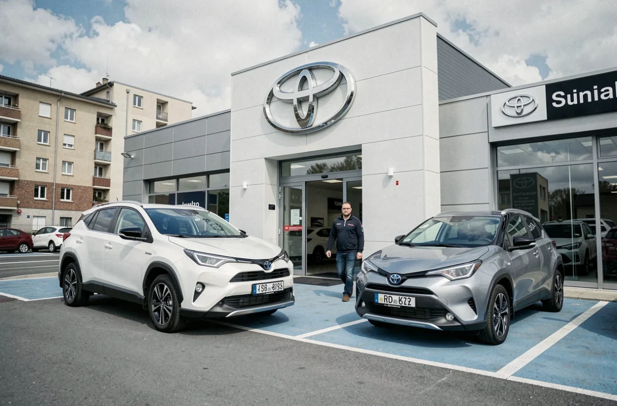 Façade du concessionnaire Toyota à Thionville avec un RAV4 hybride blanc et un Yaris Cross argent exposés sur le parvis