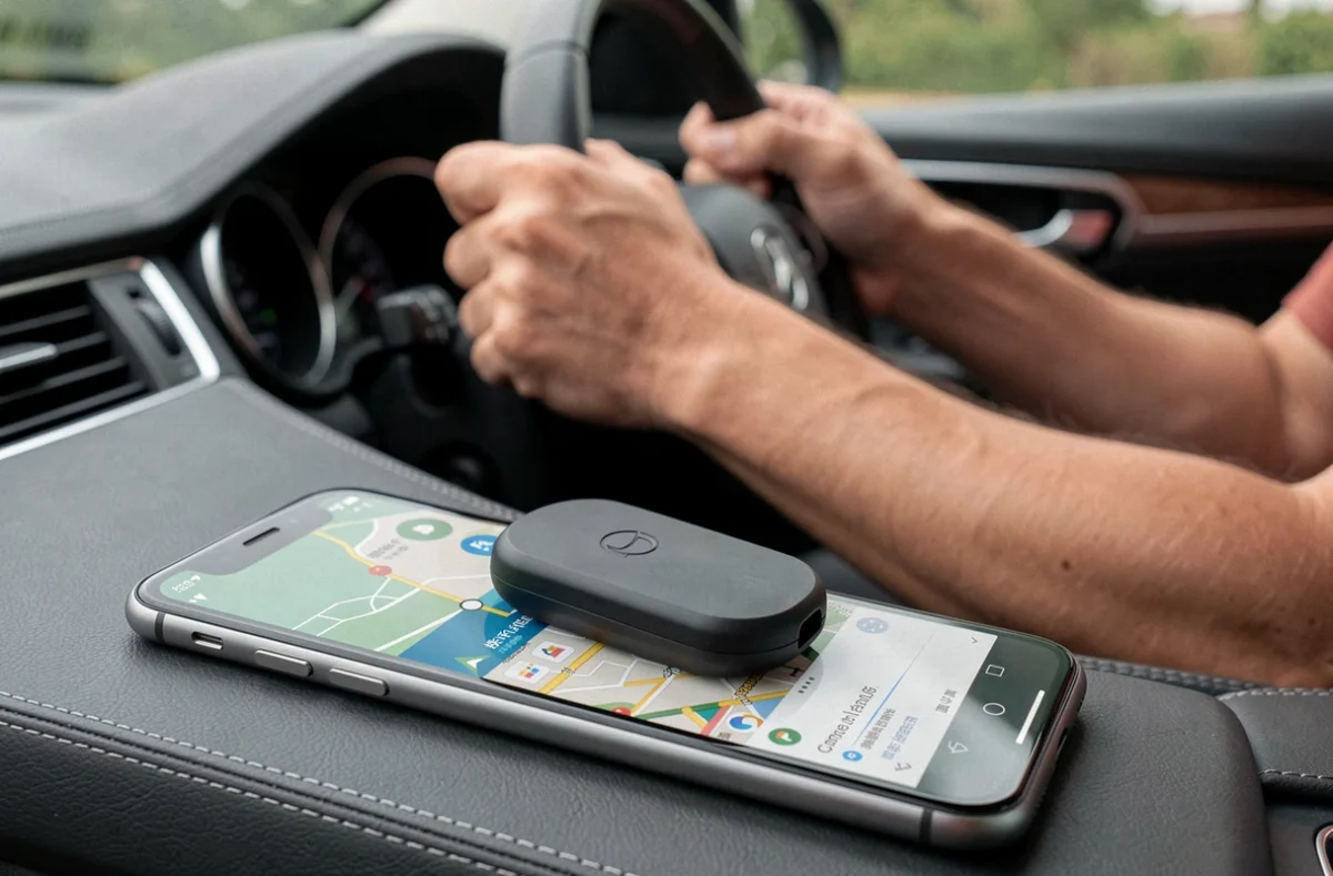 Traceur GPS sans abonnement posé sur le tableau de bord d'une voiture avec une application Android de navigation affichée sur un smartphone