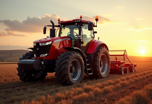 Tracteur rouge moderne sur champ labouré au lever du soleil