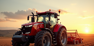 Tracteur rouge moderne sur champ labouré au lever du soleil