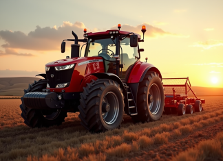 Tracteur rouge moderne sur champ labouré au lever du soleil