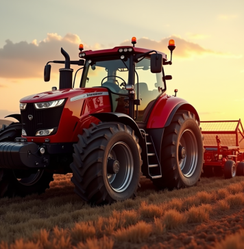Tracteur rouge moderne sur champ labouré au lever du soleil