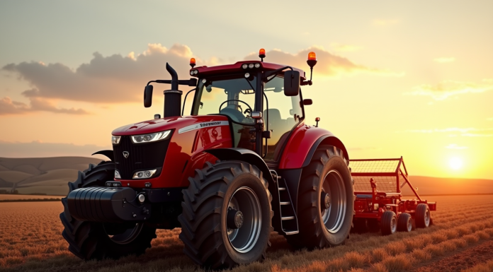 Tracteur rouge moderne sur champ labouré au lever du soleil