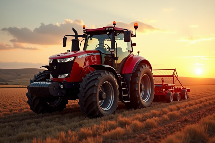 Tracteur rouge moderne sur champ labouré au lever du soleil