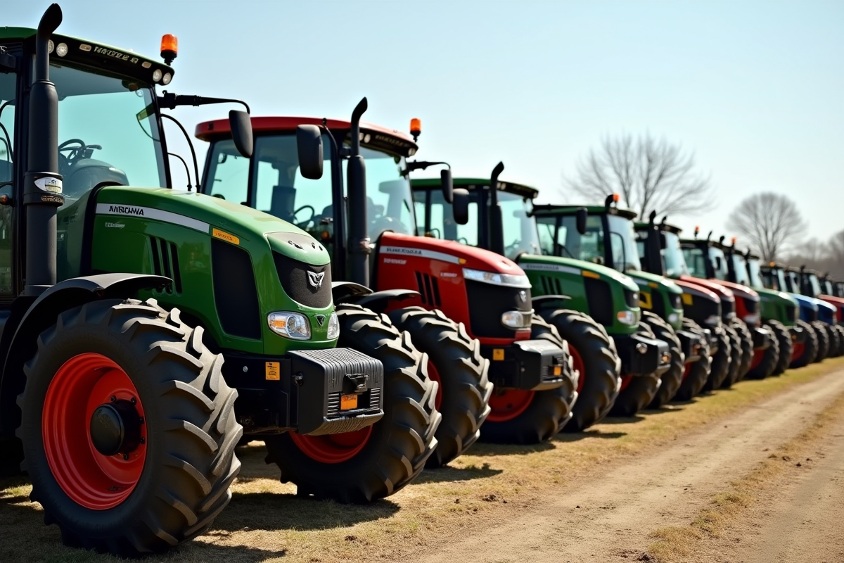 Ligne de tracteurs anciens et modernes dans une concession agricole