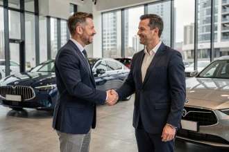 Homme en blazer marine serrant la main d'un conseiller dans un showroom de voitures de prestige après une vente réussie