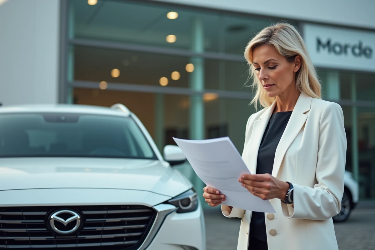 Femme vérifiant la conformité d'une plaque d'immatriculation sur un SUV dans une concession automobile