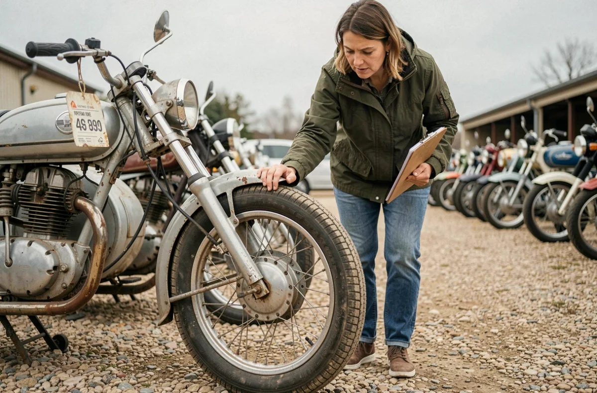 Acheteuse vérifiant l'état des pneus d'un side-car moto d'occasion dans un parc de vente