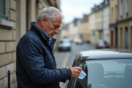Homme examinant une vignette Crit'Air sur sa voiture diesel dans une rue de Rennes, zone à faibles émissions 2026