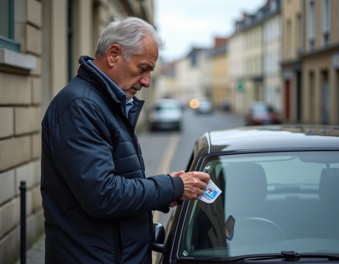 Homme examinant une vignette Crit'Air sur sa voiture diesel dans une rue de Rennes, zone à faibles émissions 2026
