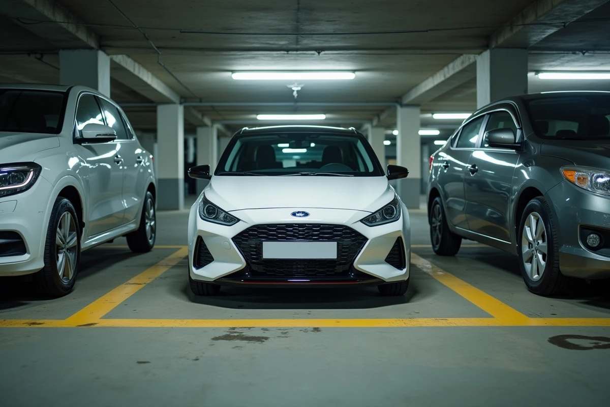 Petite voiture citadine garée entre deux grands véhicules dans un parking souterrain