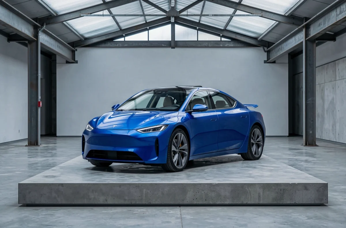 Voiture électrique concept de marque rare en E exposée dans un musée automobile minimaliste avec architecture industrielle