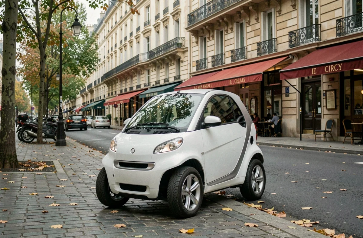 Voiture sans permis blanche garée sur un boulevard parisien avec immeubles haussmanniens en arrière-plan