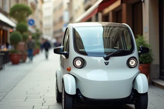 Voiture sans permis compacte et électrique garée sur un trottoir urbain moderne en ville française