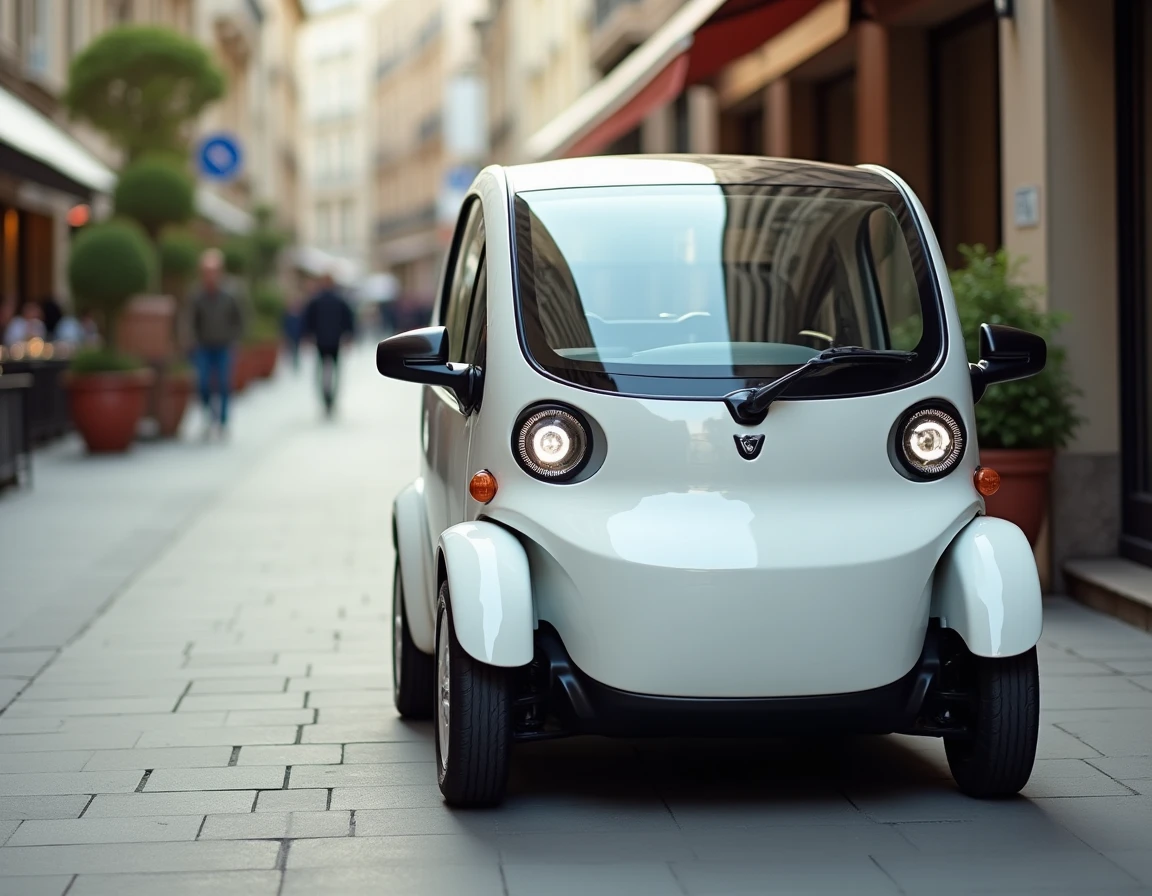 Voiture sans permis compacte et électrique garée sur un trottoir urbain moderne en ville française