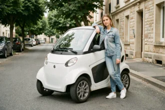 Jeune femme à côté d'une voiture sans permis blanche garée dans une rue résidentielle française