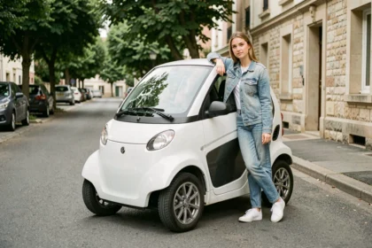 Jeune femme à côté d'une voiture sans permis blanche garée dans une rue résidentielle française