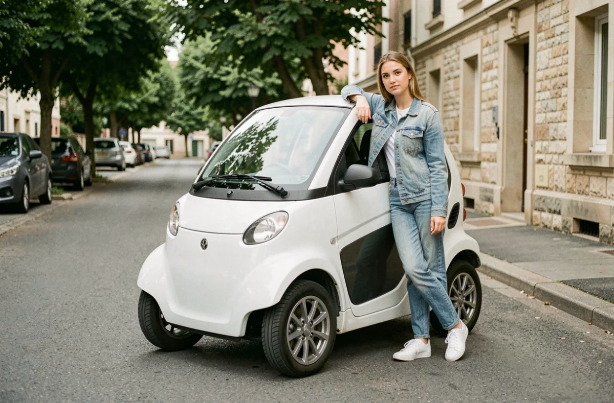 Jeune femme à côté d'une voiture sans permis blanche garée dans une rue résidentielle française
