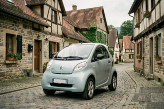 Voiture sans permis d'occasion garée dans un village des Vosges avec architecture traditionnelle en pierre