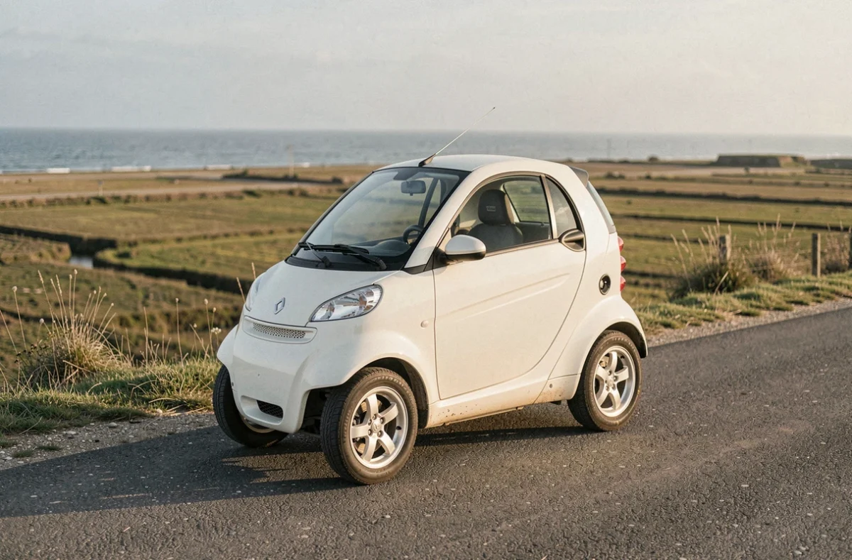 Voiture sans permis blanche garée au bord d'une route côtière en Vendée
