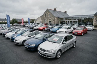 Vue panoramique d'un grand parking de véhicules d'occasion en Ille-et-Vilaine avec un showroom en arrière-plan