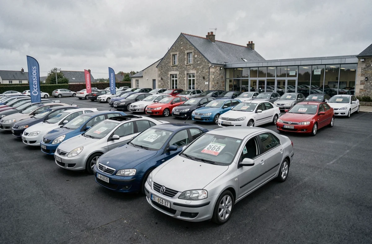 Vue panoramique d'un grand parking de véhicules d'occasion en Ille-et-Vilaine avec un showroom en arrière-plan