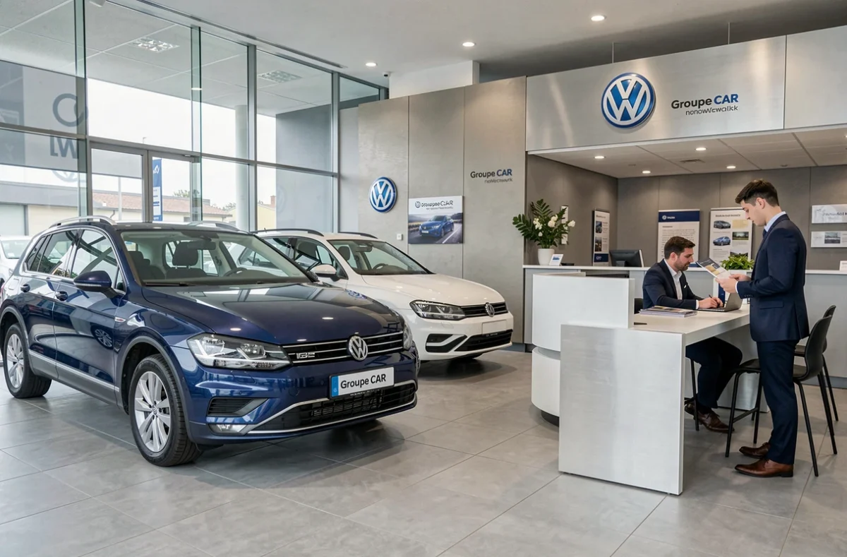 Showroom intérieur Volkswagen Metz du Groupe CAR avec une Golf et un Tiguan exposés et un conseiller en rendez-vous client