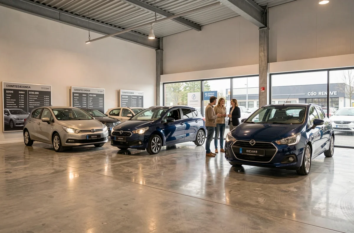Showroom intérieur de VP Auto Rennes avec clients discutant d'un véhicule d'occasion avec un vendeur