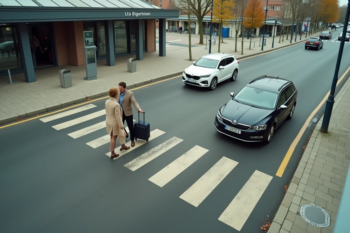 Vue aérienne de la zone de dépose-minute devant la gare de Valence avec véhicules et piétons